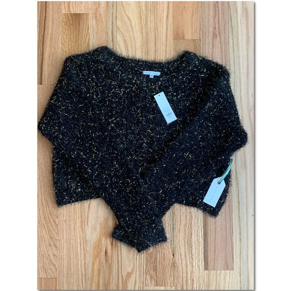 Francesca's Crop Black & Gold Metallic Fuzzy Sweater Size Medium Ivory Rose NWT - Picture 1 of 11